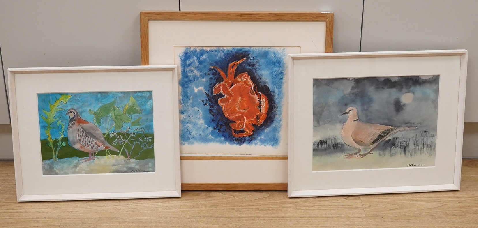 Caroline Conran (b.1939), three works comprising, mixed media, Swimming crab, two watercolours, Pigeons, two signed, largest 27 x 35cm. Condition - good